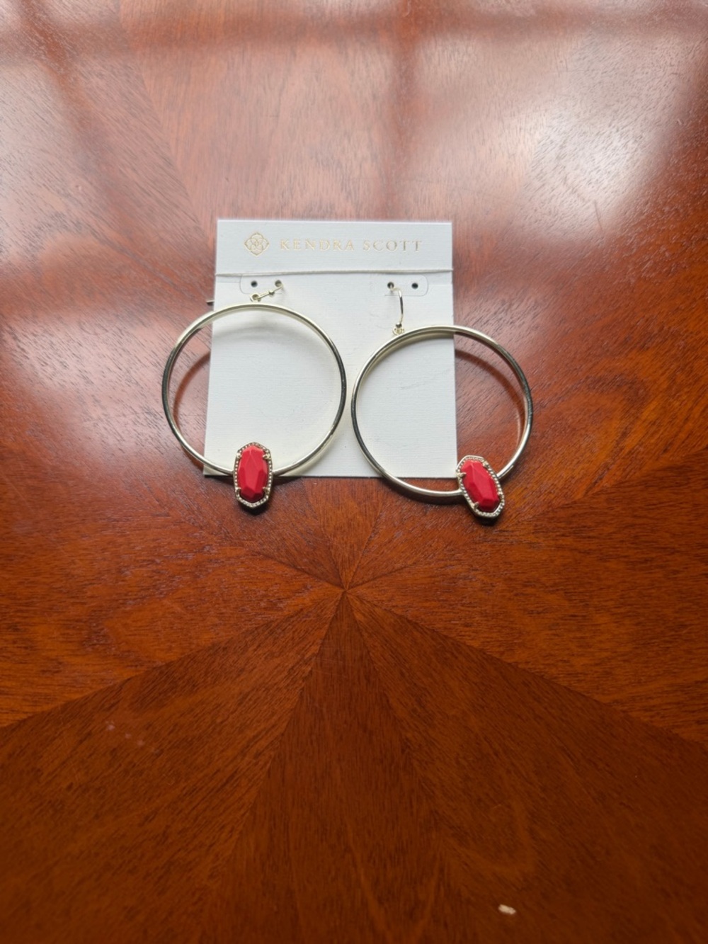 Kendra Scott Gold Hoop Earrings with Coral Pink Stone - Picture 2 of 3